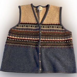 Talbots Women’s Sweater Vest, Size L, Blue and Tan with Embroidered Stitching
